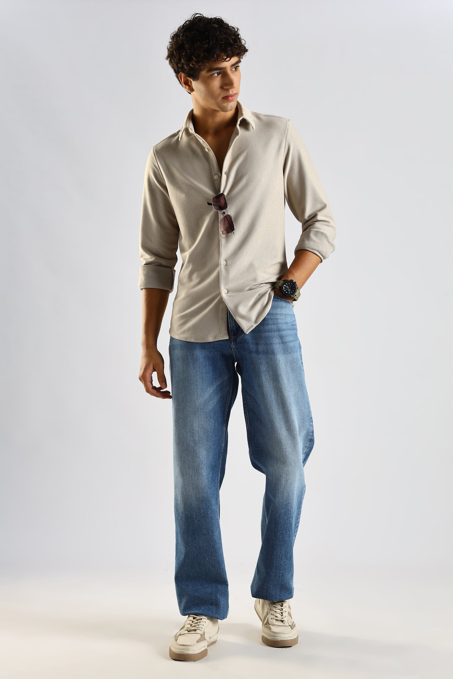 Textured Poly Knit Shirt Cream