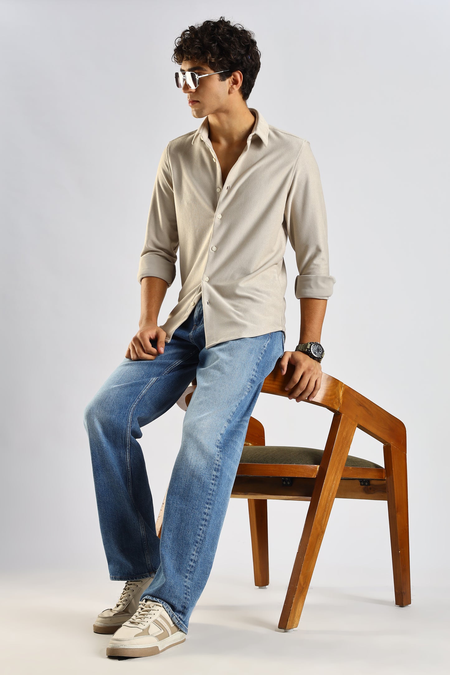 Textured Poly Knit Shirt Cream