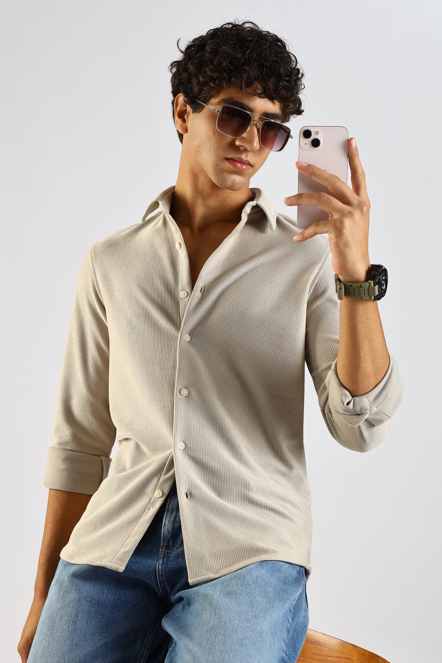 Textured Poly Knit Shirt Cream