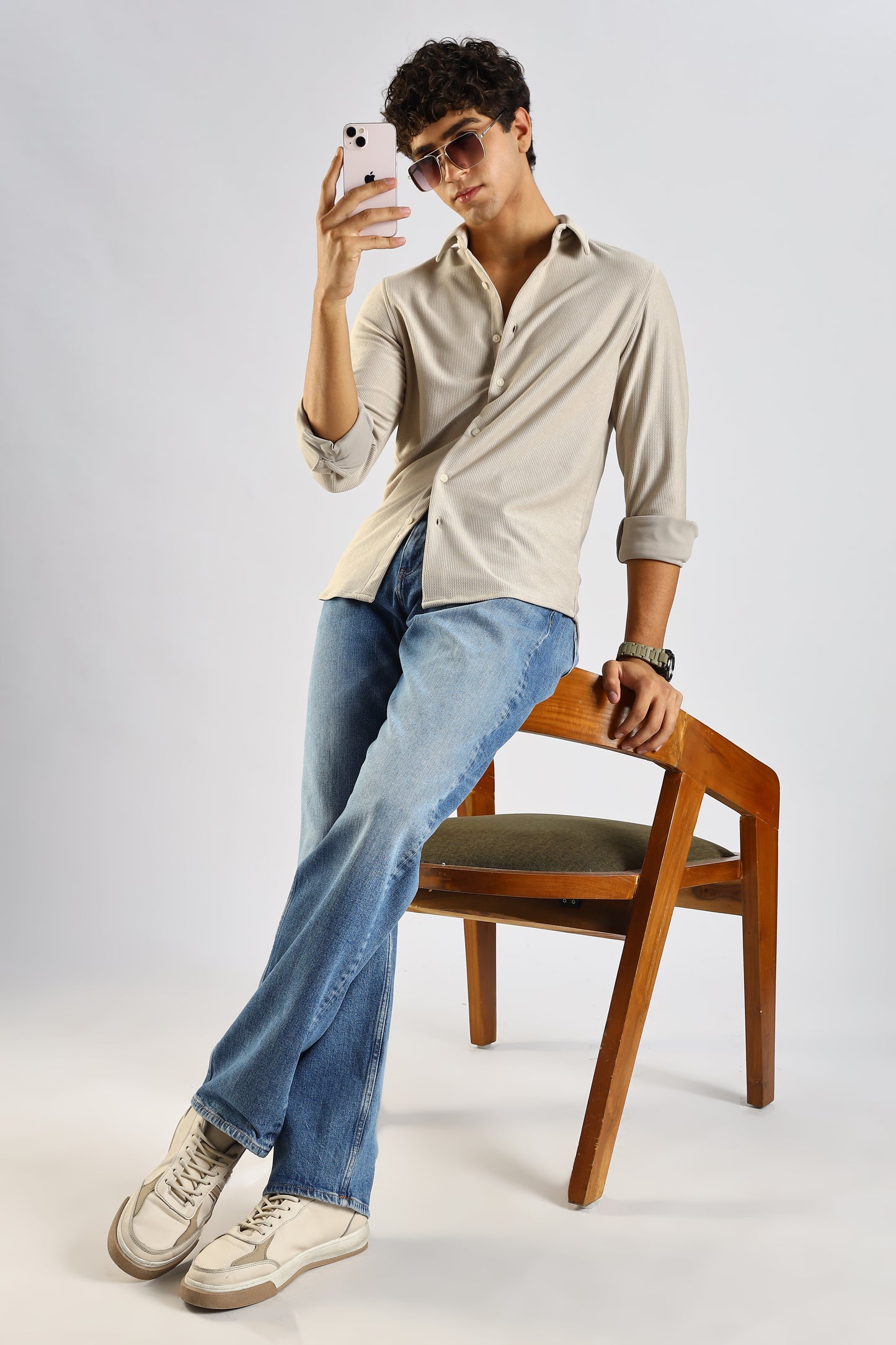 Textured Poly Knit Shirt Cream