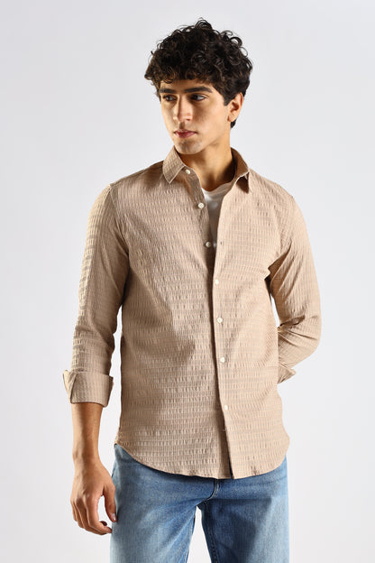 Self-Designed Poly Blend Slim Fit Shirt Brown