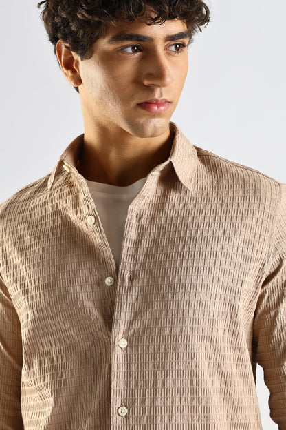 Self-Designed Poly Blend Slim Fit Shirt Brown