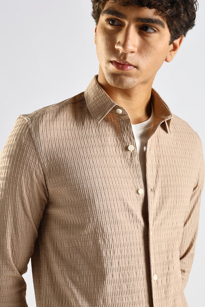 Self-Designed Poly Blend Slim Fit Shirt Brown