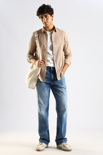 Self-Designed Poly Blend Slim Fit Shirt Brown