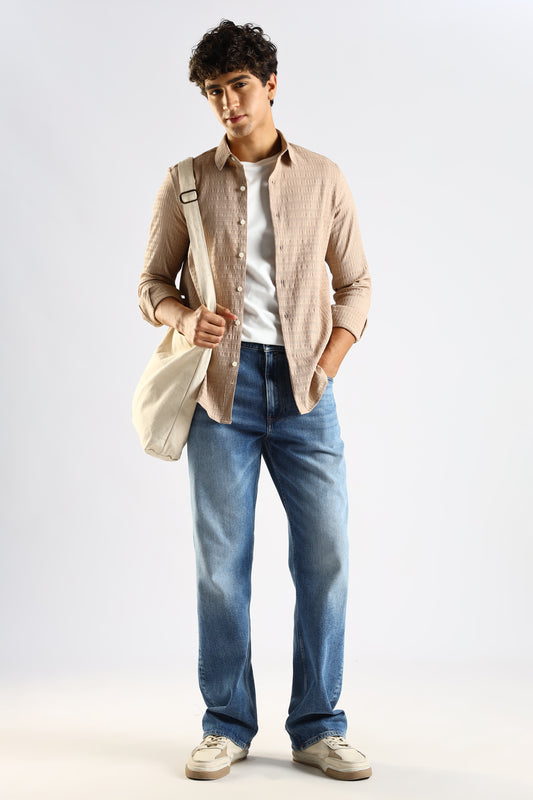 Self-Designed Poly Blend Slim Fit Shirt Brown