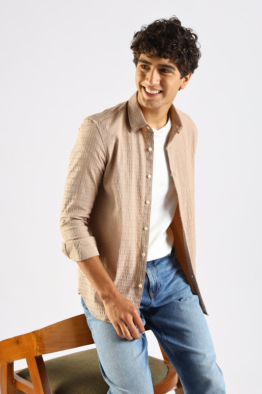 Self-Designed Poly Blend Slim Fit Shirt Brown