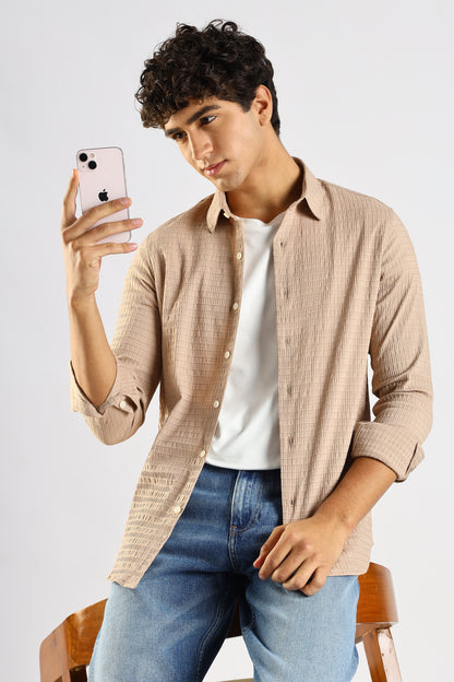 Self-Designed Poly Blend Slim Fit Shirt Brown