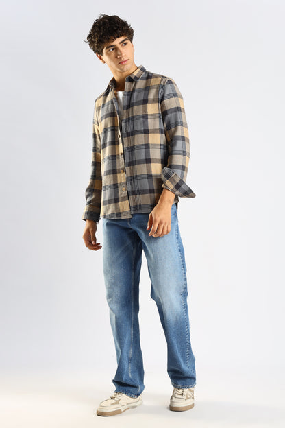 Cotton Blend Checked Shirt Grey