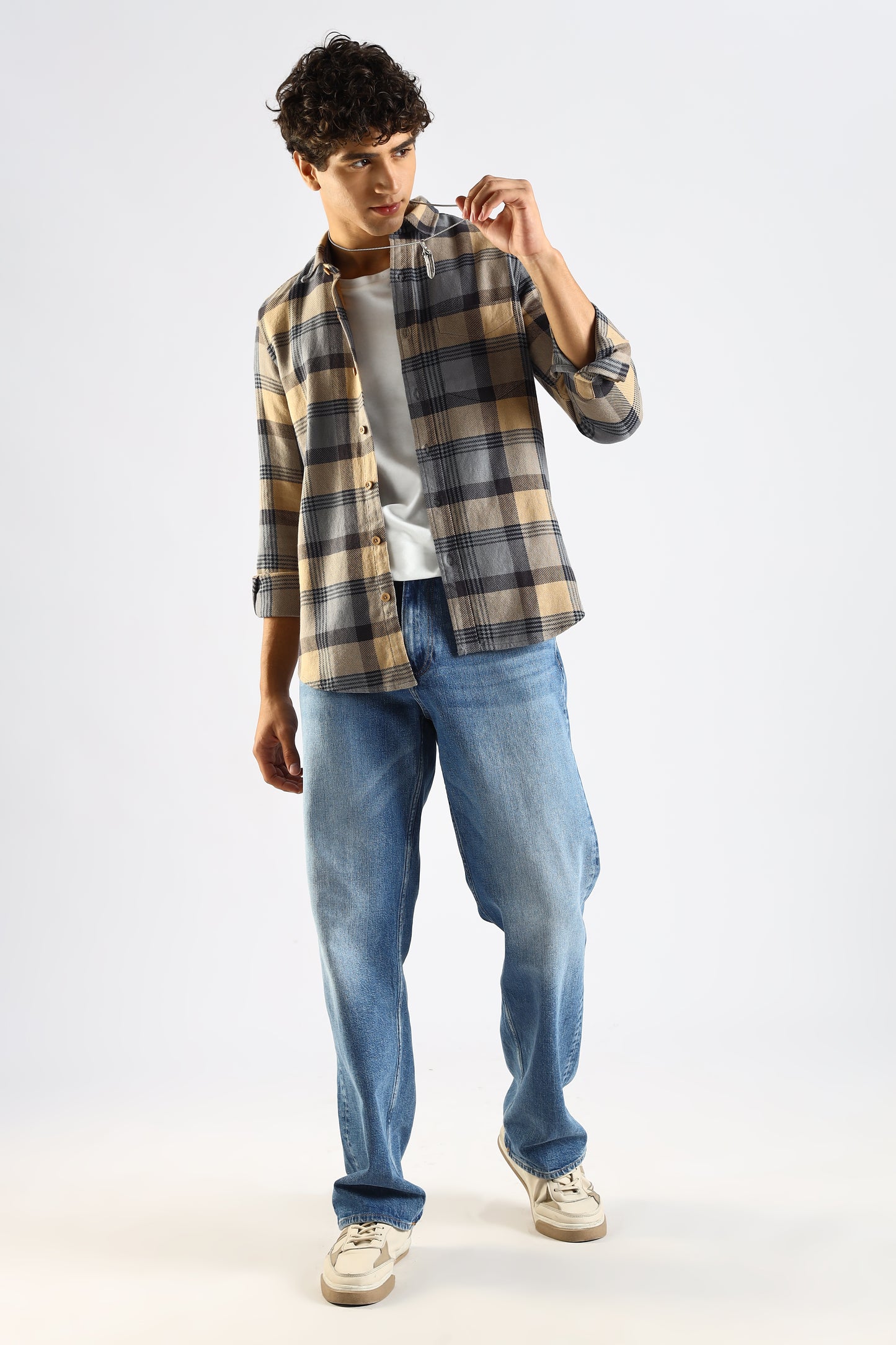 Cotton Blend Checked Shirt Grey