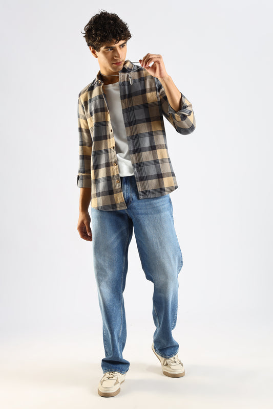 Cotton Blend Checked Shirt Grey