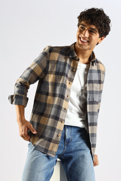 Cotton Blend Checked Shirt Grey