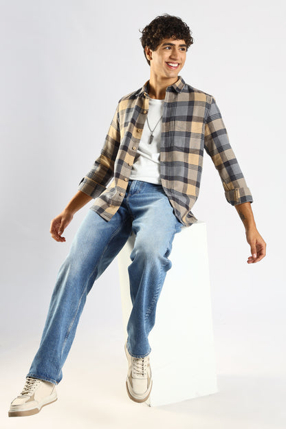 Cotton Blend Checked Shirt Grey