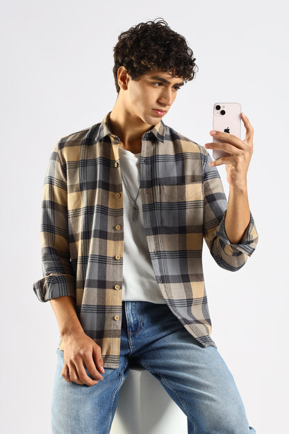 Cotton Blend Checked Shirt Grey