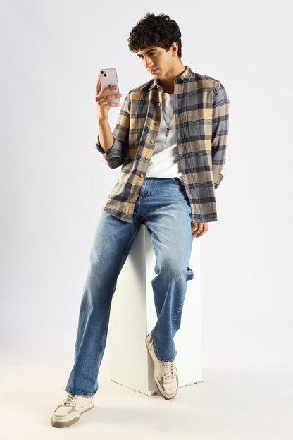 Cotton Blend Checked Shirt Grey