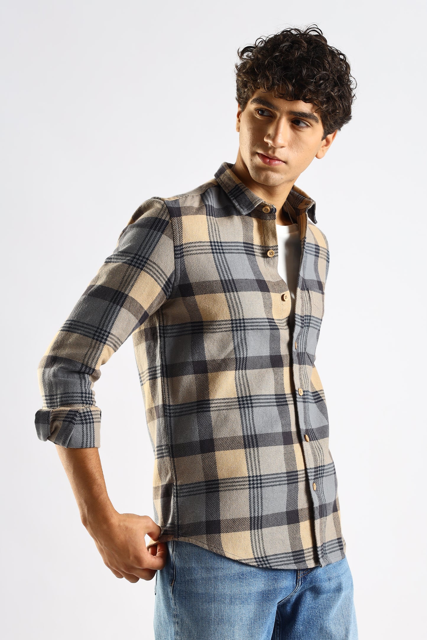 Cotton Blend Checked Shirt Grey