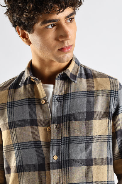 Cotton Blend Checked Shirt Grey