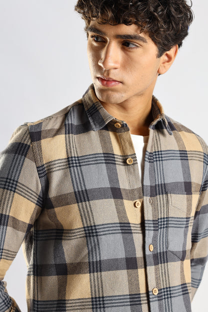 Cotton Blend Checked Shirt Grey