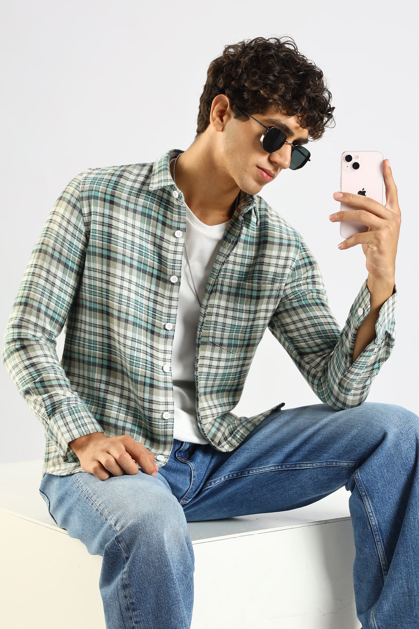 Cotton Blend Checked Shirt Lt Green