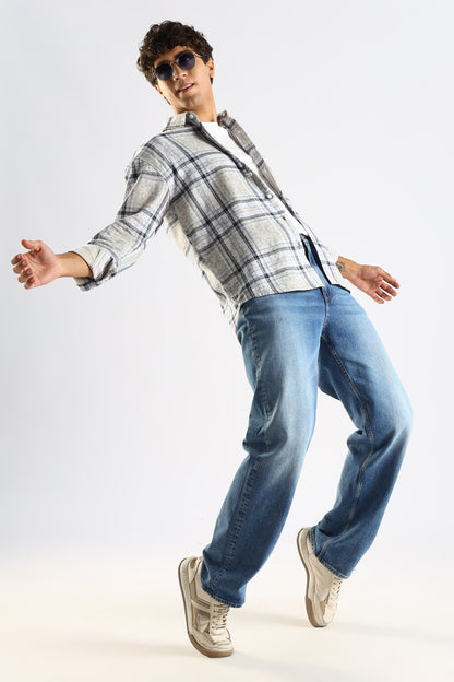 Cotton Slim Fit Checked Shirt Blue