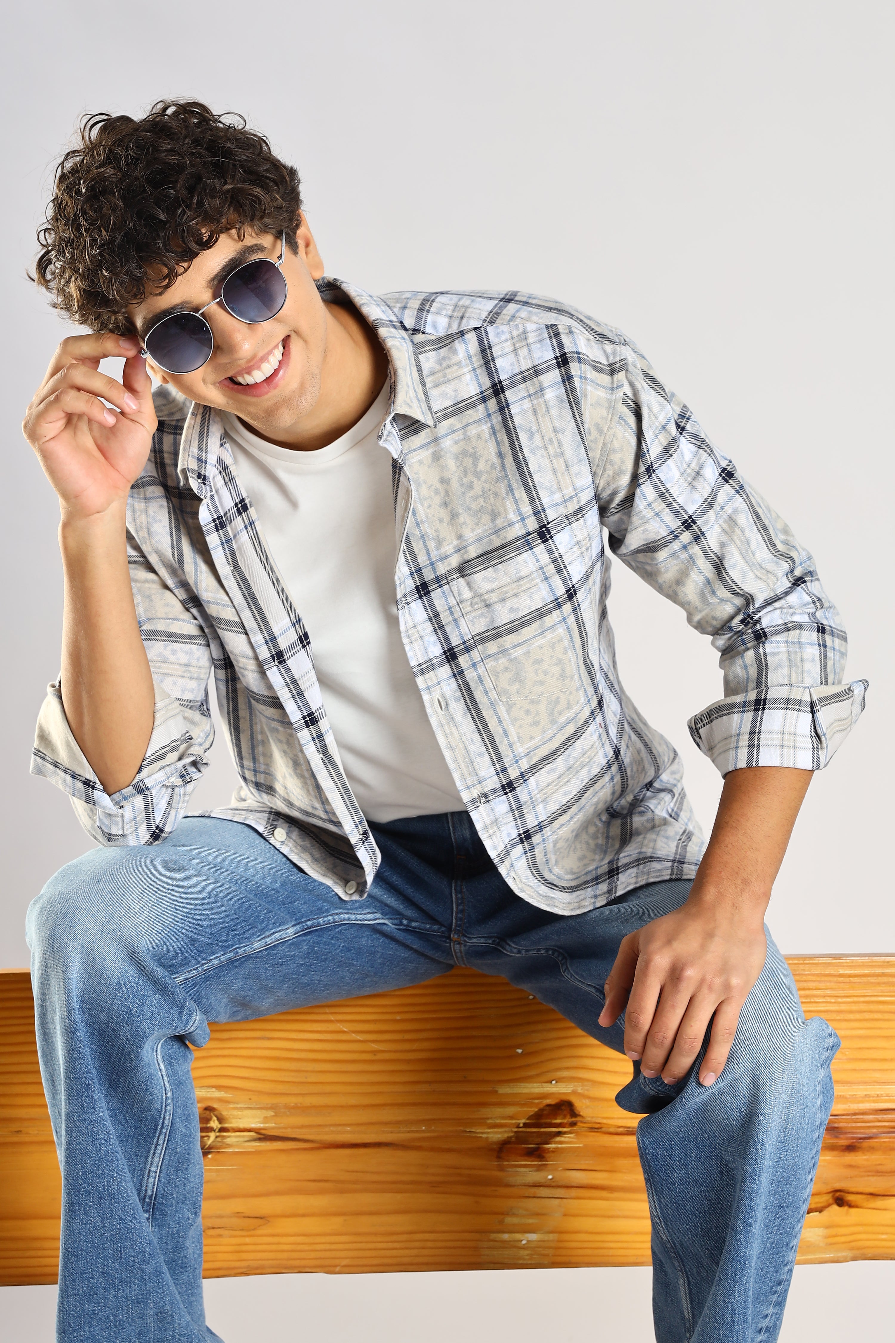 Cotton Slim Fit Checked Shirt Blue
