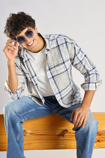 Cotton Slim Fit Checked Shirt Blue