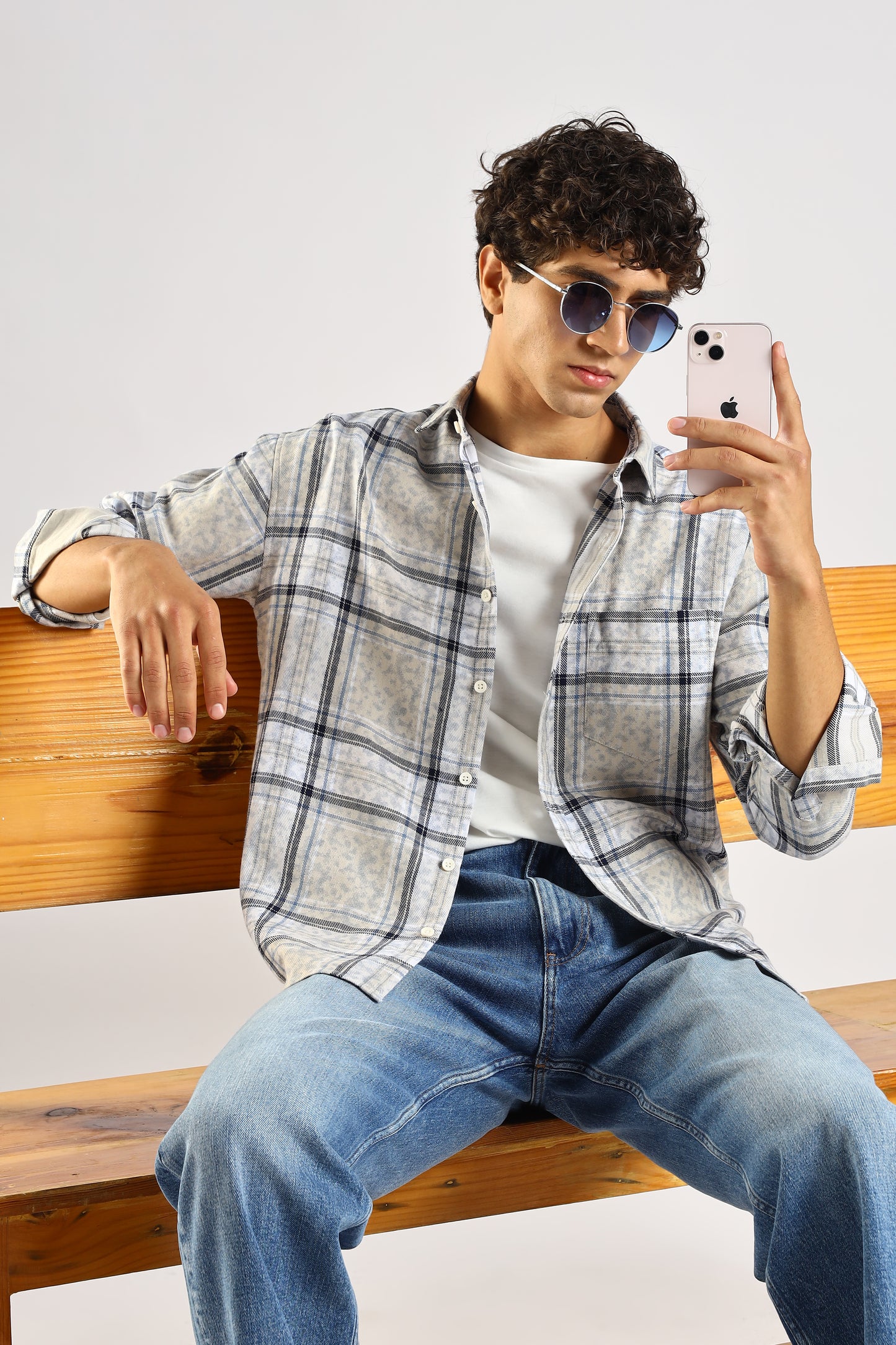 100% Cotton Slim Fit Checked Shirt Blue
