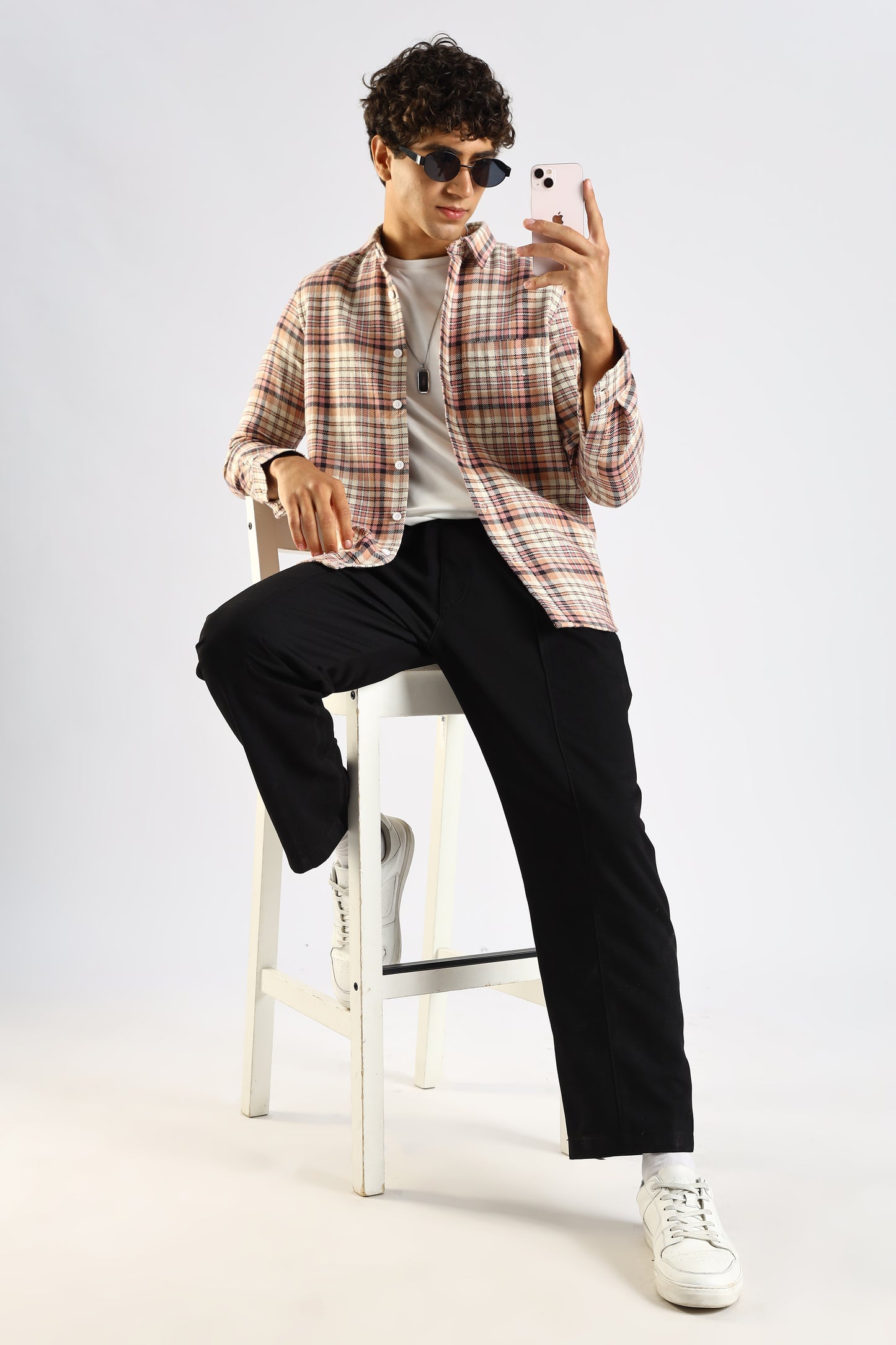 Cotton Blend Checked Shirt Lt Pink