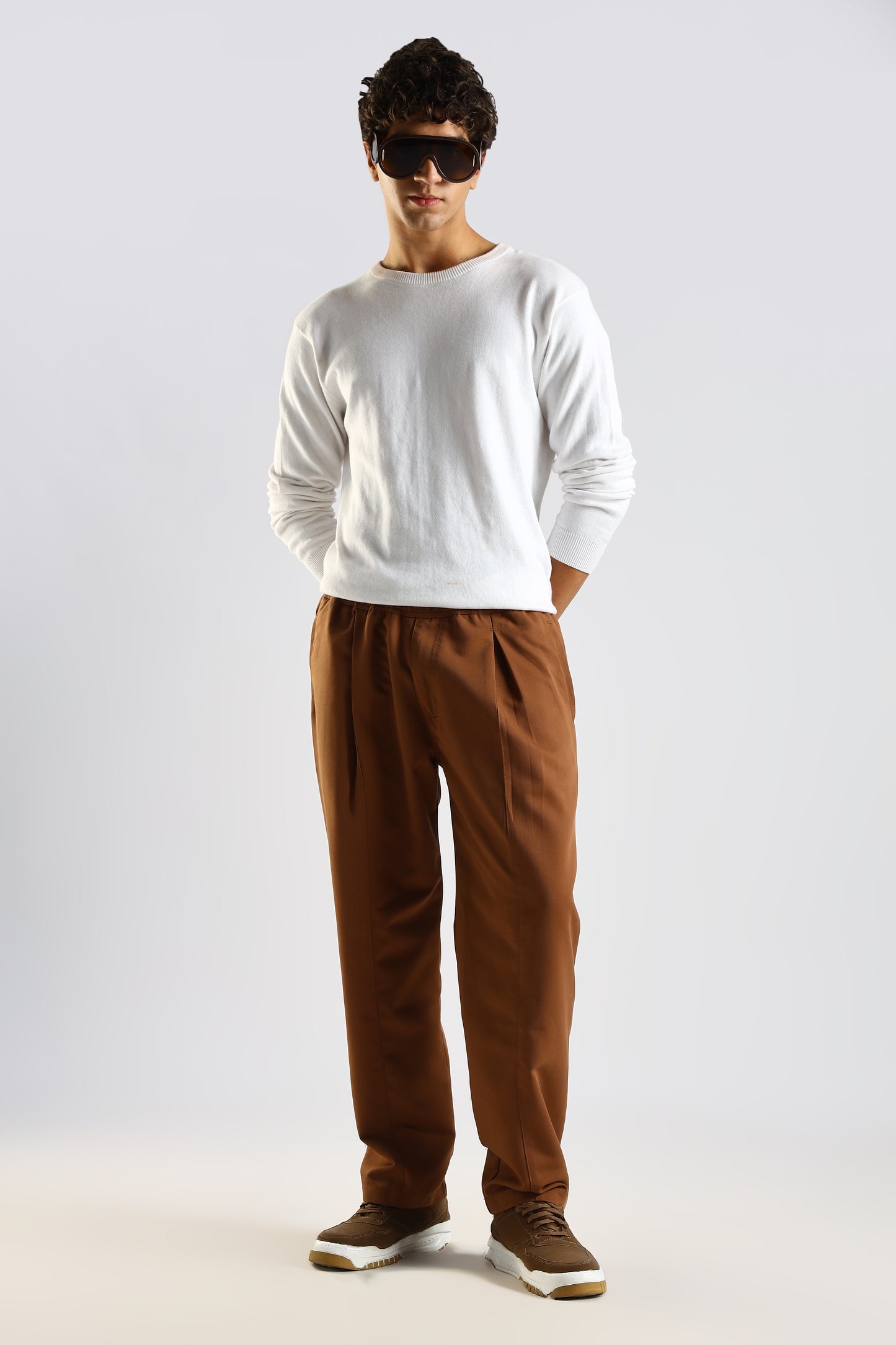 Cotton Blend Drawcord Trousers Brown