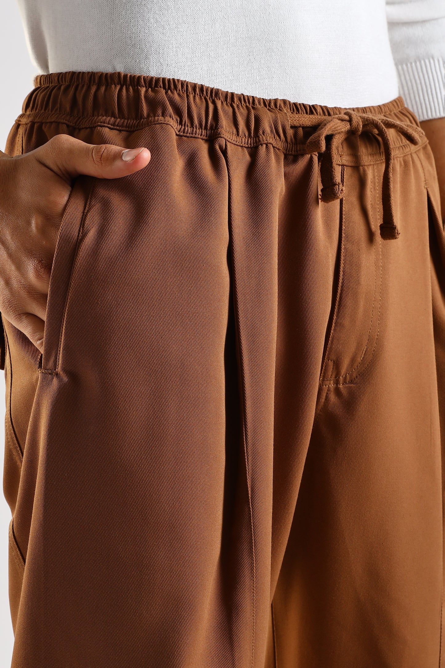 Cotton Blend Drawcord Trousers Brown