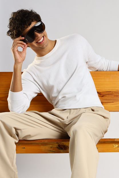 Cotton Blend Drawcord Trousers Cream