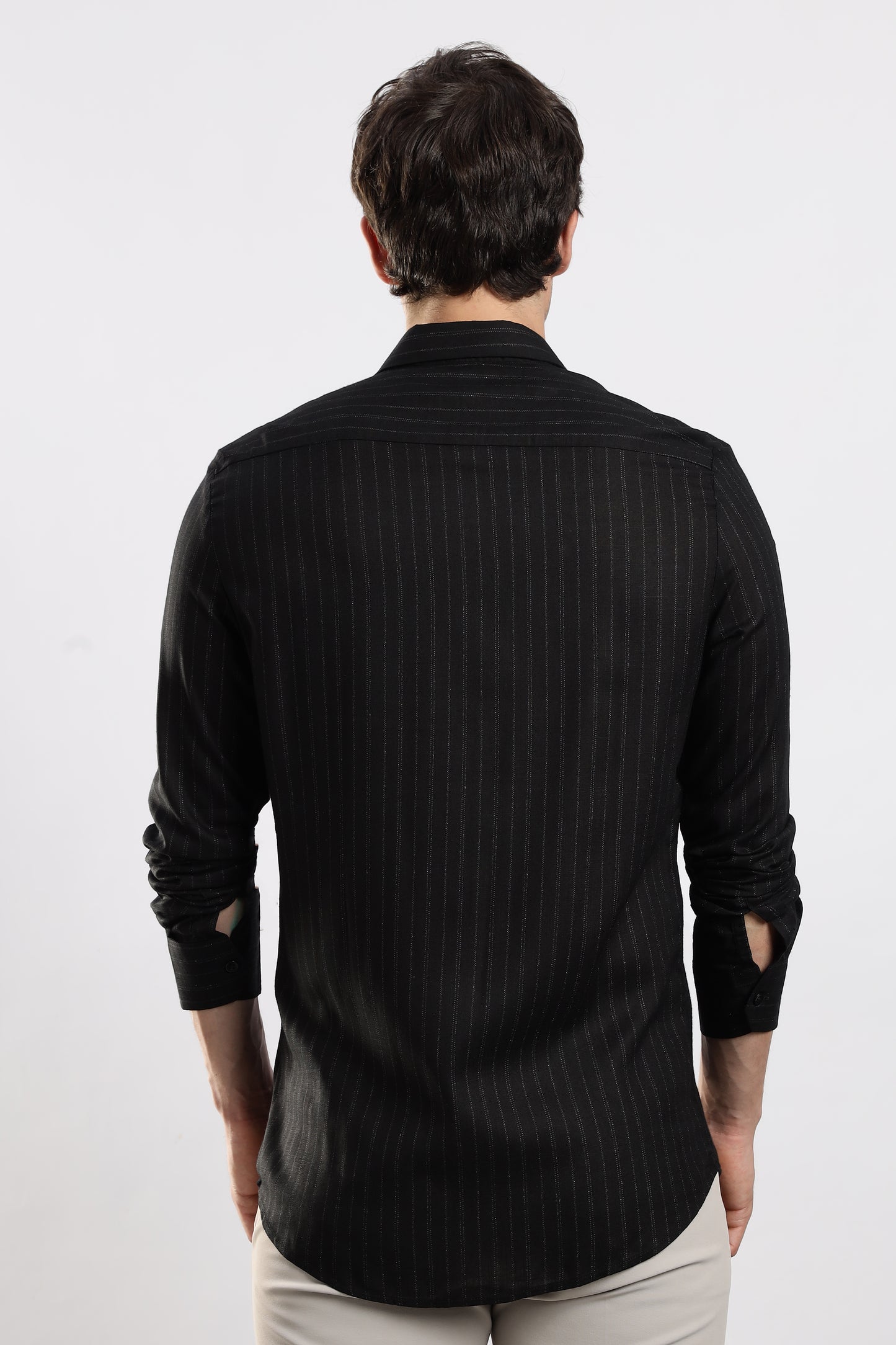 Cotton Slim Fit Striped Glitter Shirt Black