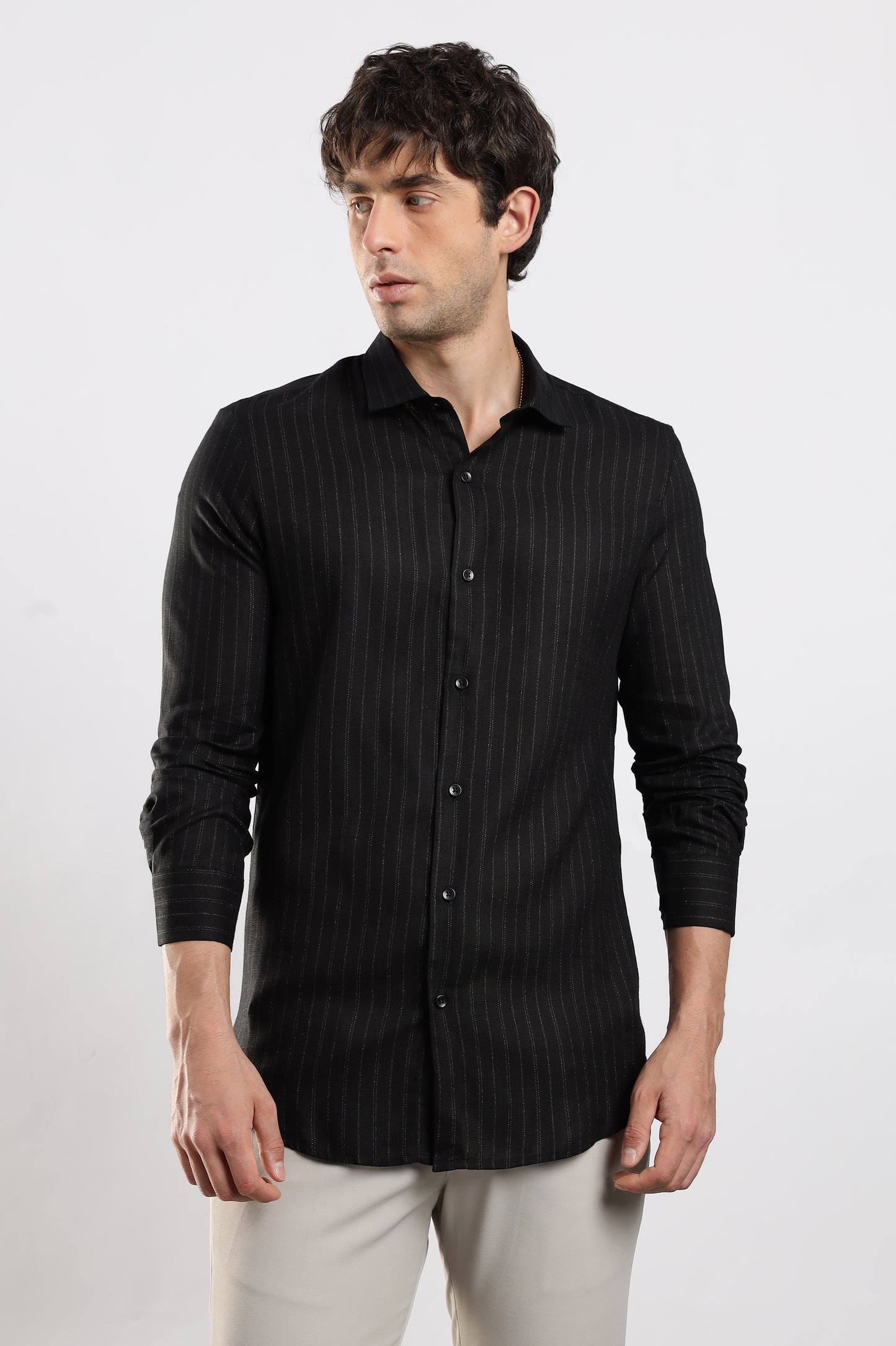 Cotton Slim Fit Striped Glitter Shirt Black