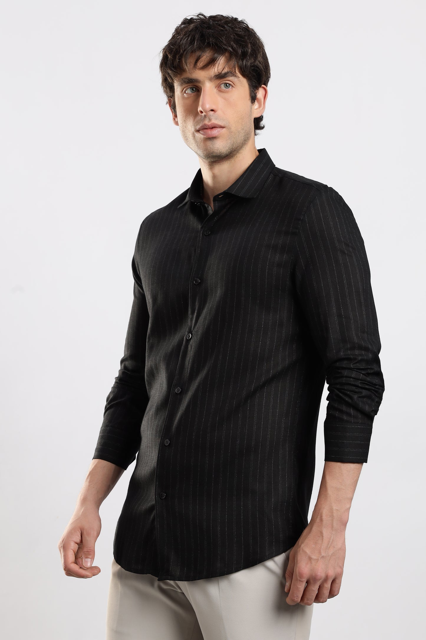 Cotton Slim Fit Striped Glitter Shirt Black