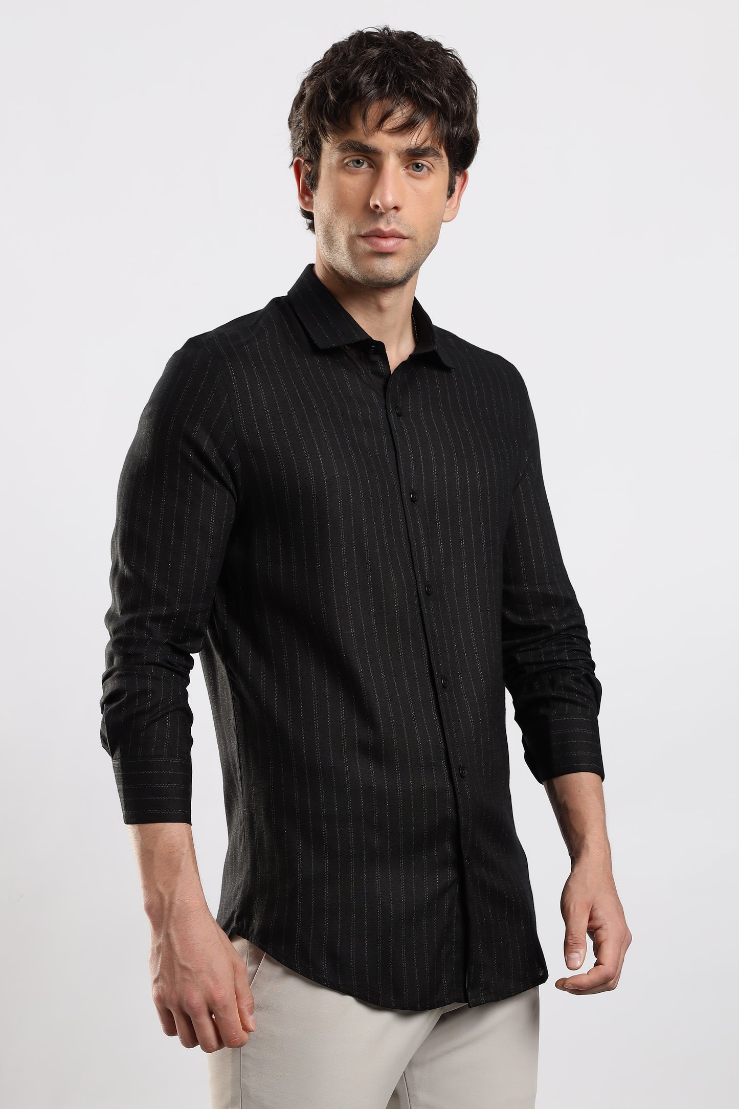 Cotton Slim Fit Striped Glitter Shirt Black