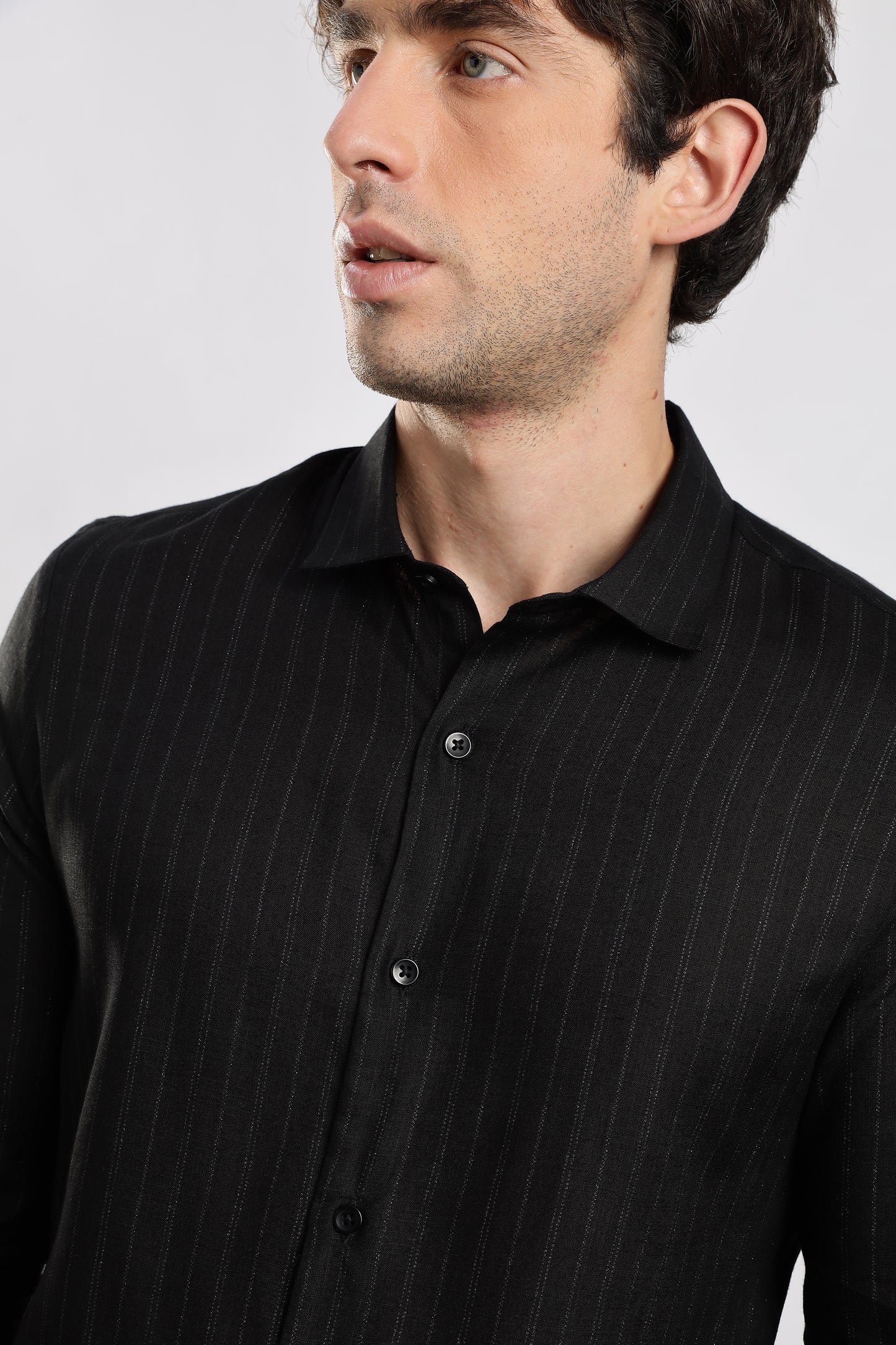 Cotton Slim Fit Striped Glitter Shirt Black