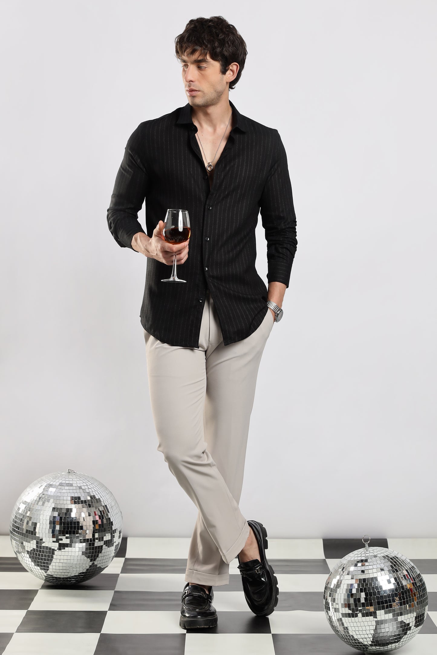 Cotton Slim Fit Striped Glitter Shirt Black