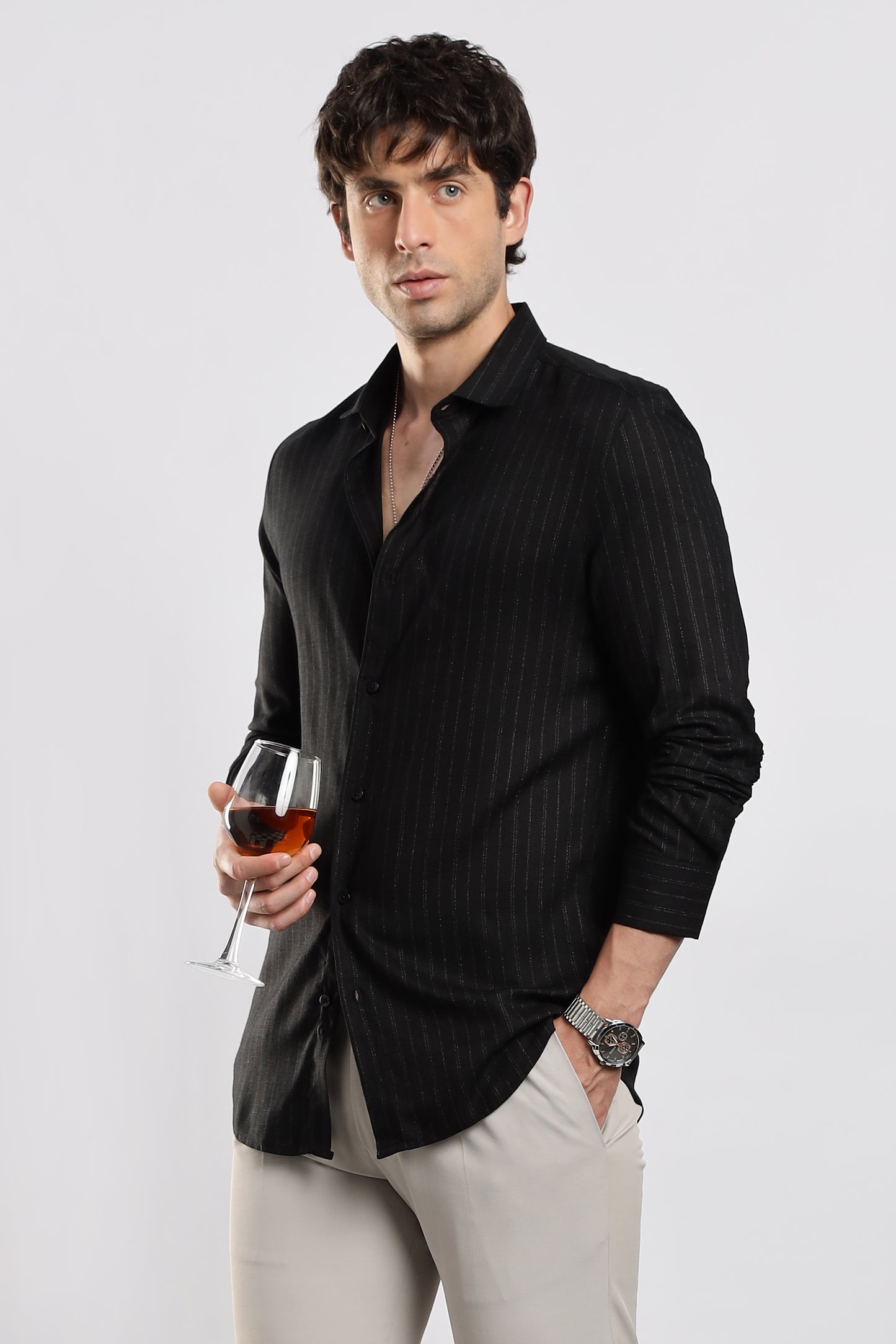 Cotton Slim Fit Striped Glitter Shirt Black