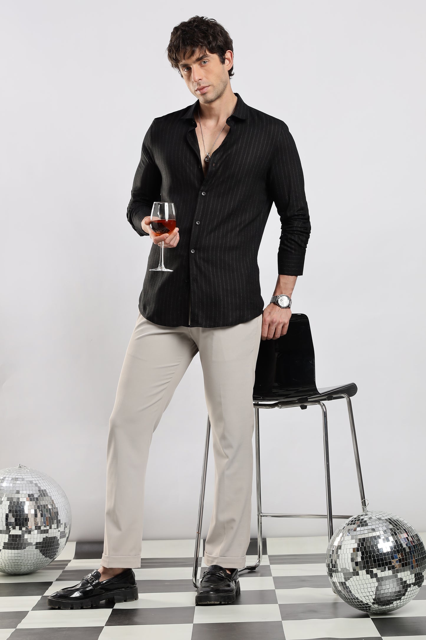Cotton Slim Fit Striped Glitter Shirt Black