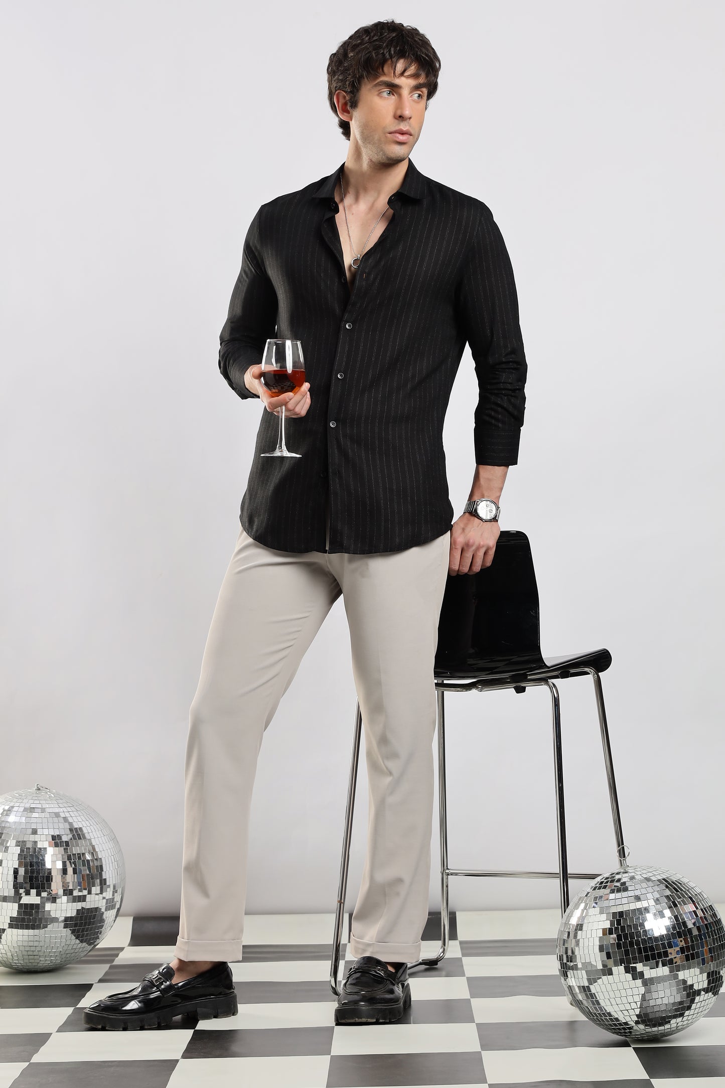 Cotton Slim Fit Striped Glitter Shirt Black