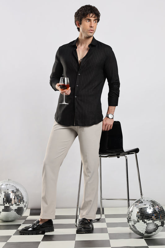 Cotton Slim Fit Striped Glitter Shirt Black