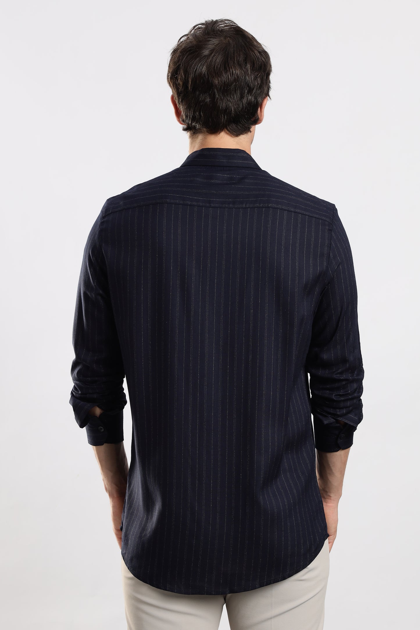 Cotton Slim Fit Striped Glitter Shirt Navy