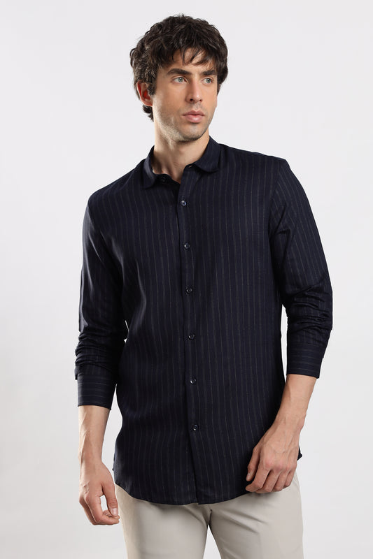 Cotton Slim Fit Striped Glitter Shirt Navy