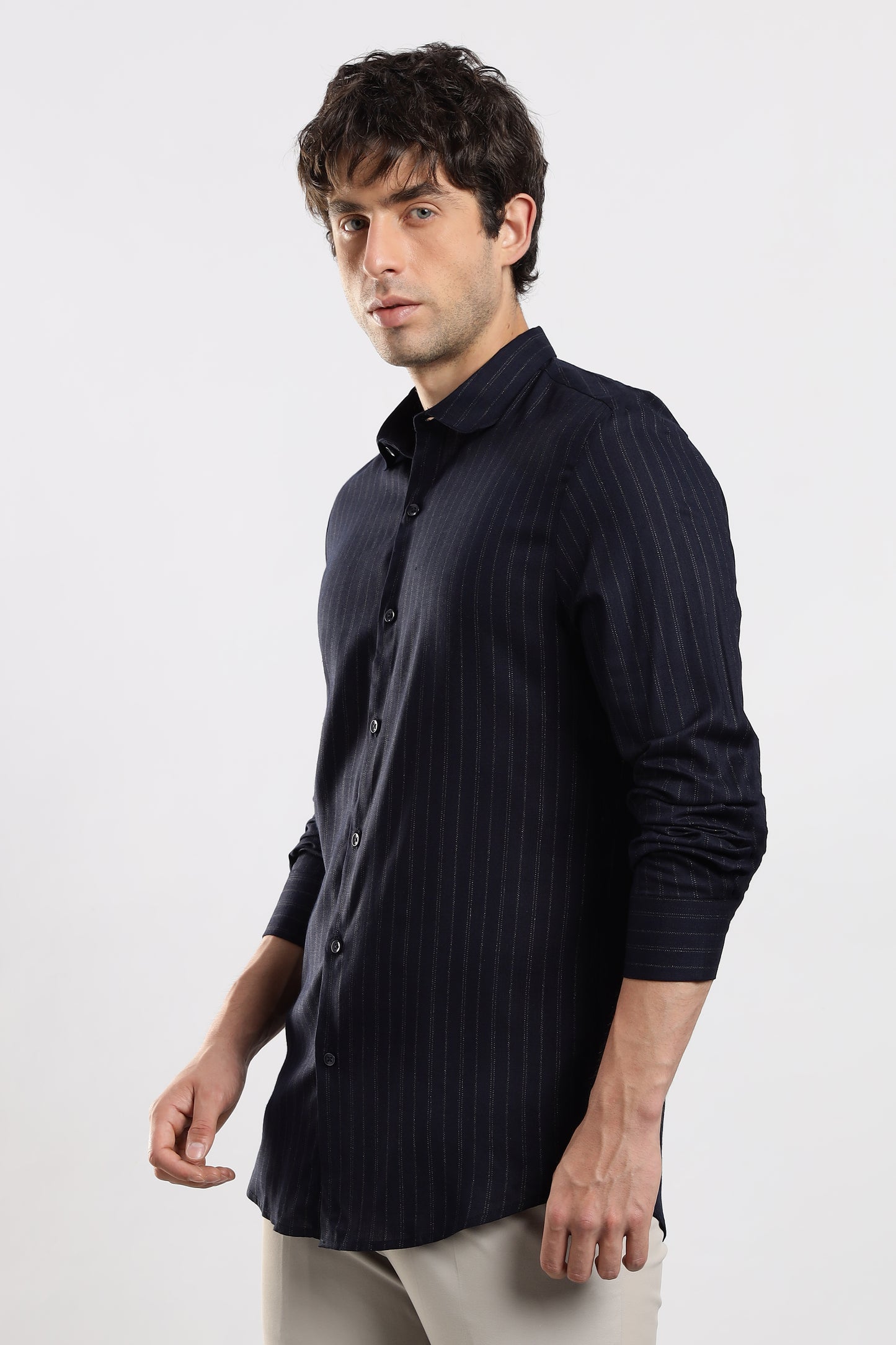Cotton Slim Fit Striped Glitter Shirt Navy
