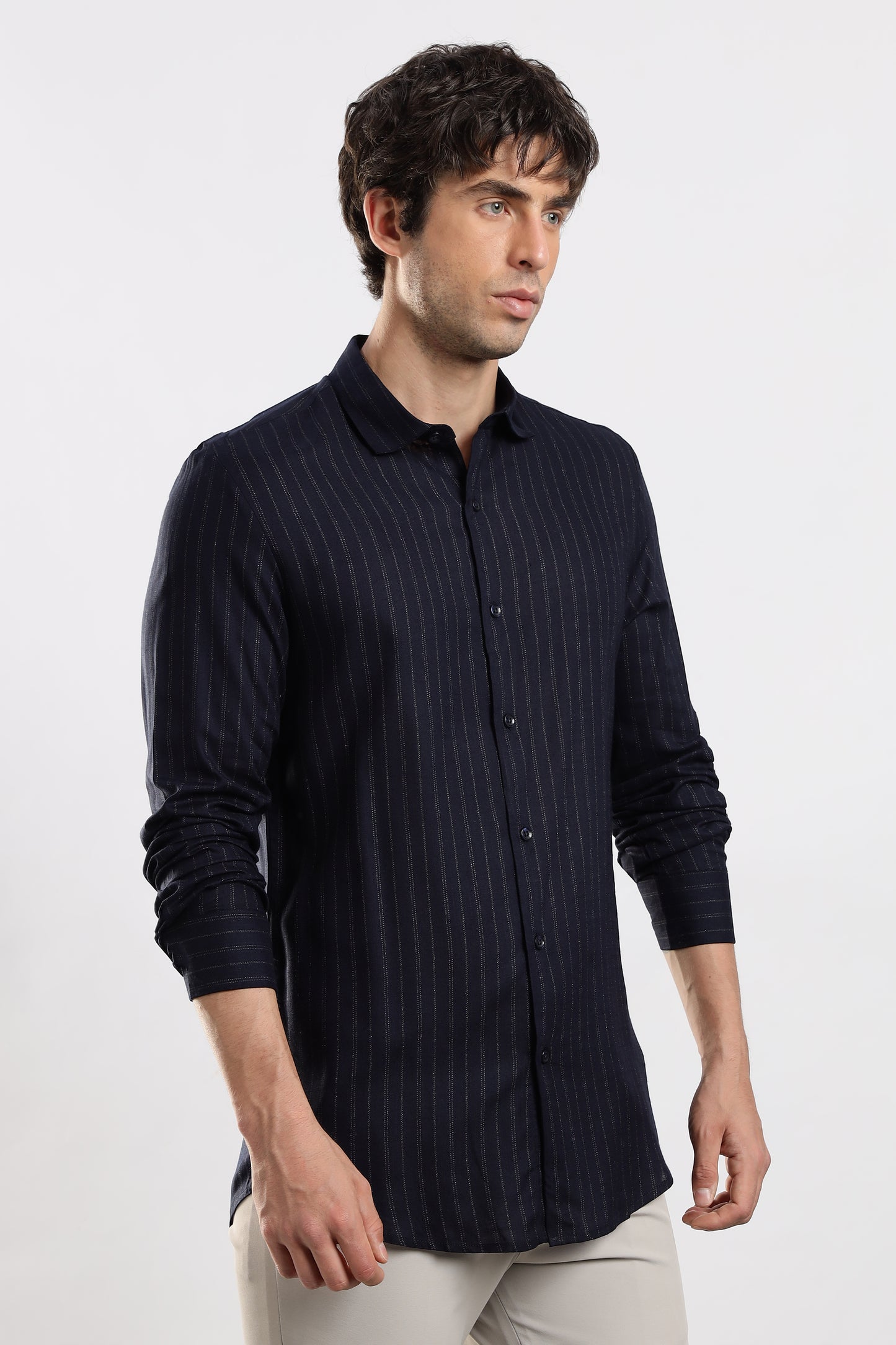 Cotton Slim Fit Striped Glitter Shirt Navy