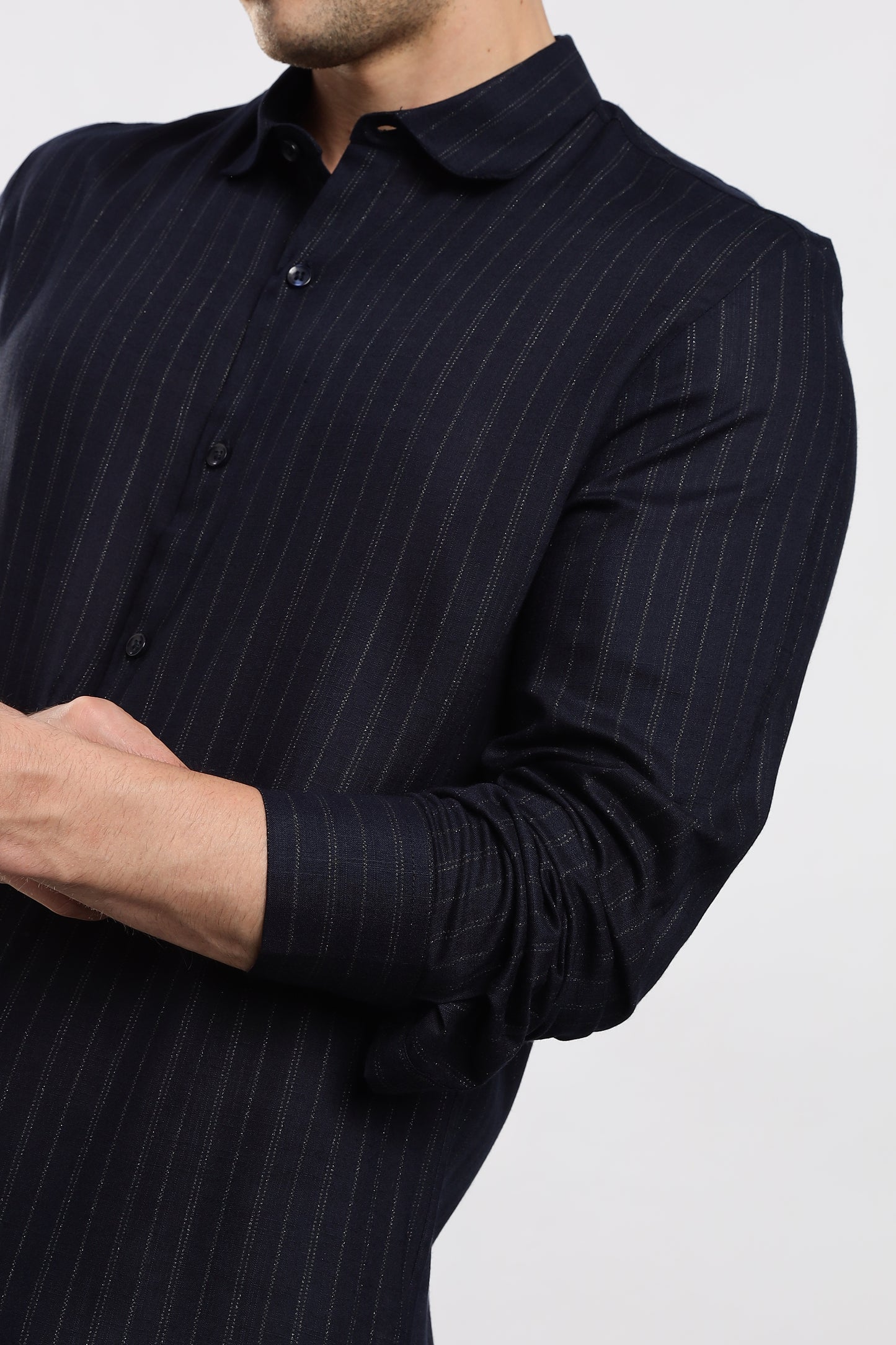 Cotton Slim Fit Striped Glitter Shirt Navy