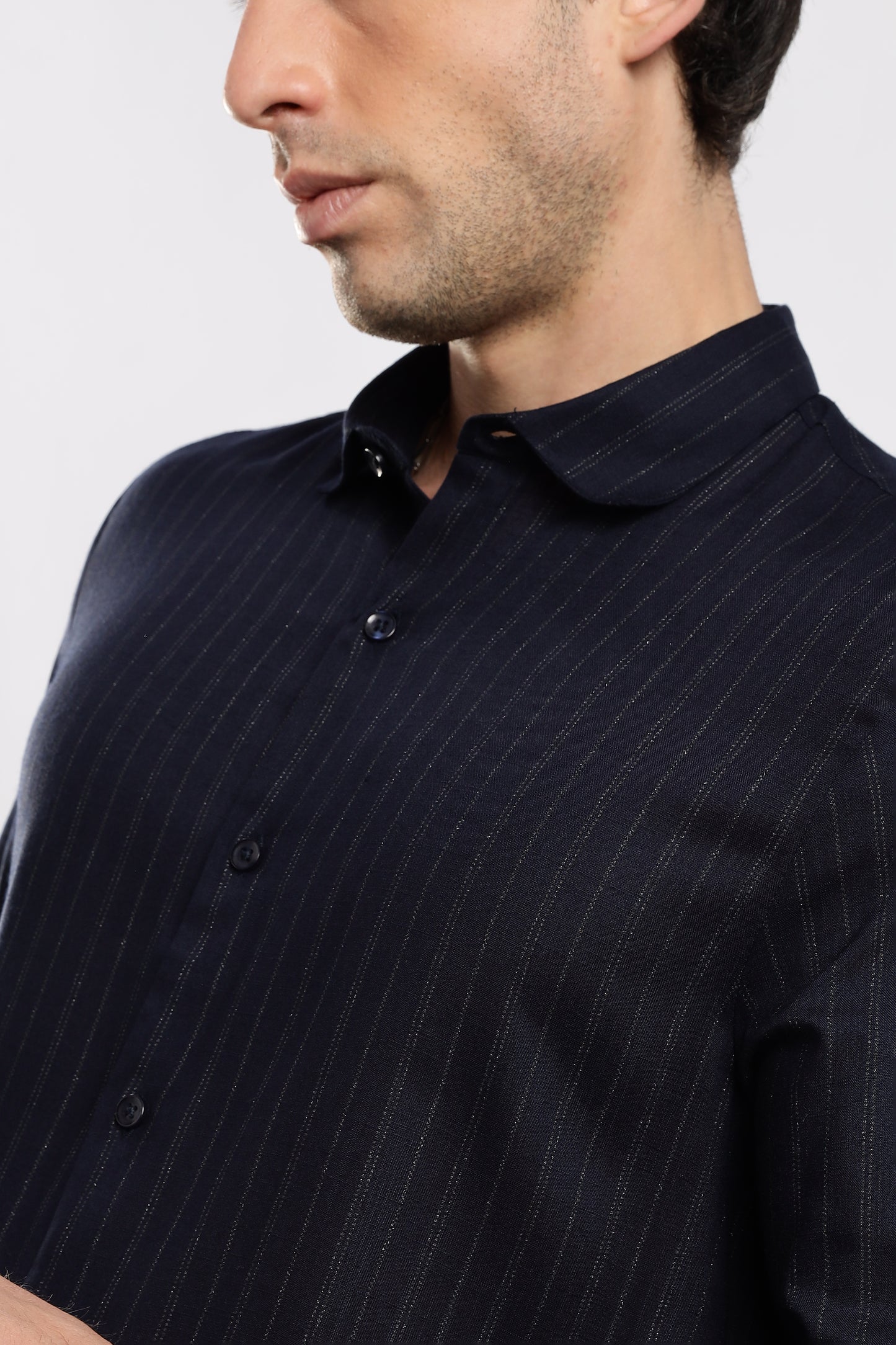 Cotton Slim Fit Striped Glitter Shirt Navy