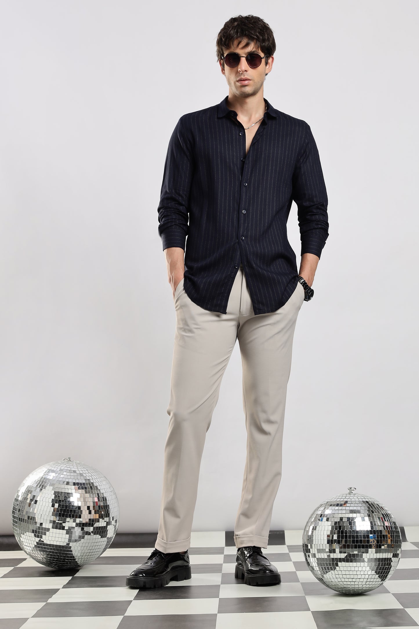 Cotton Slim Fit Striped Glitter Shirt Navy