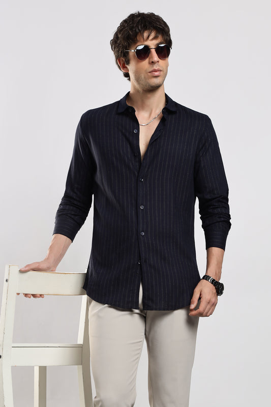 Cotton Slim Fit Striped Glitter Shirt Navy