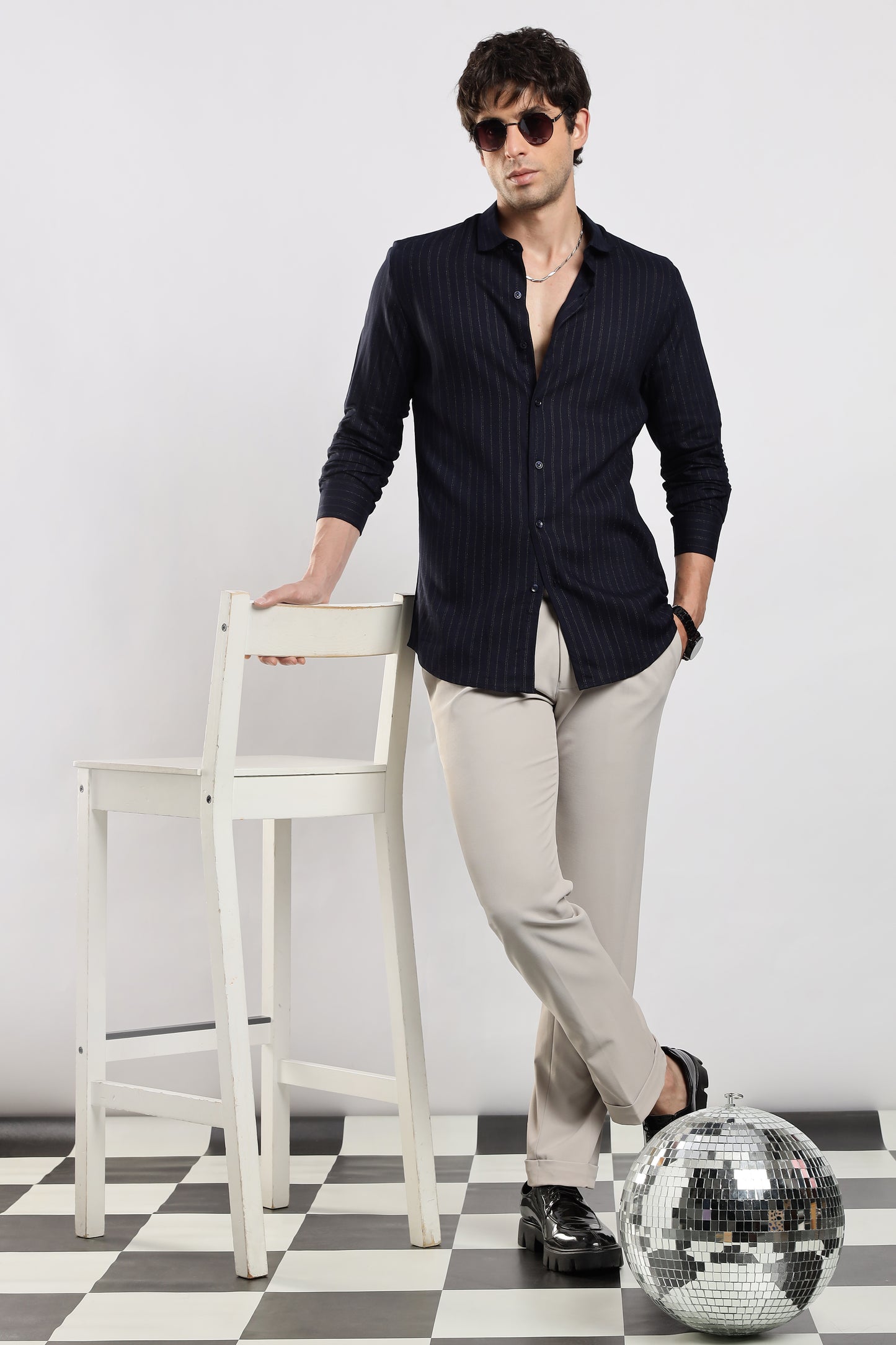 Cotton Slim Fit Striped Glitter Shirt Navy