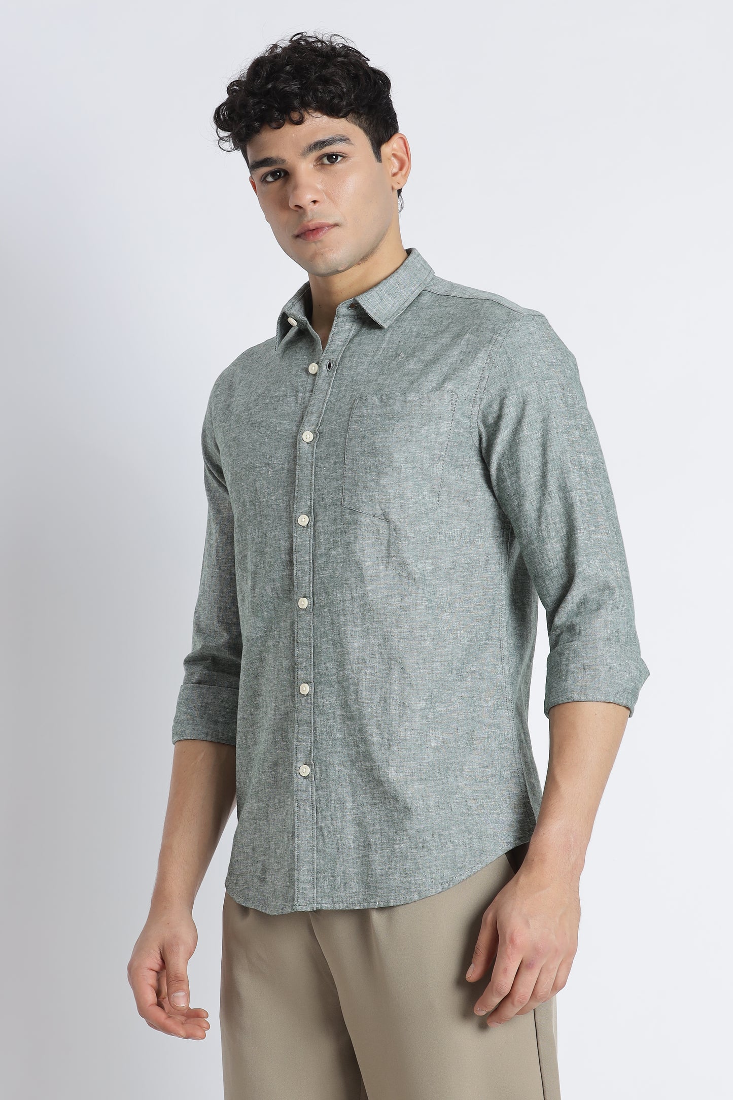 Linen Solid Casual Shirt Green